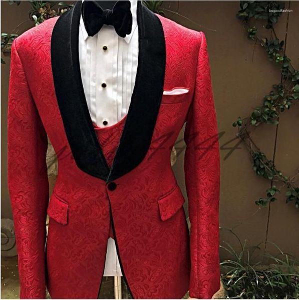 Abiti da uomo Custom Made Uomo Smoking da sposo rosso e nero Scialle di velluto Risvolto Groomsmen Uomo da sposa (Giacca Pantaloni Cravatta Gilet) C674