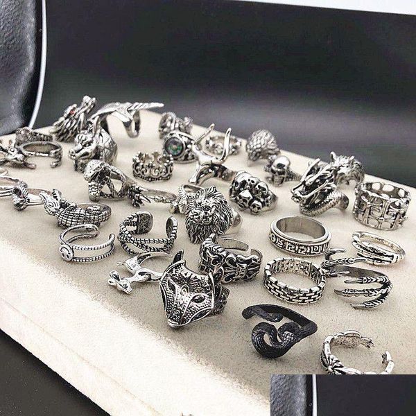 Bandringe 20 teile/los Vintage Punk Antike Silber Farbe Metall Skl Schlange Für Männer Frauen Mix Stil Party Geschenke Einstellbare Öffnung schmuck Dh5Qw