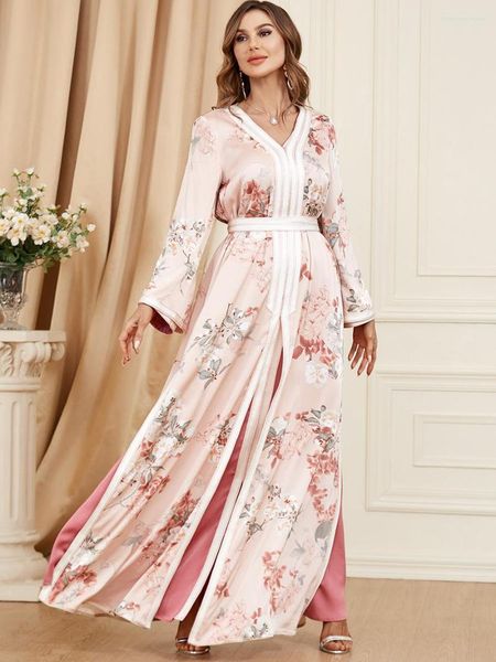 Conjunto de duas peças de roupas étnicas Kimono Satin Femme Abaya Dubai Turquia Muçulmana Islã Árabe Cardigan Vestido Longo Abayas Kaftan Robe Longue For