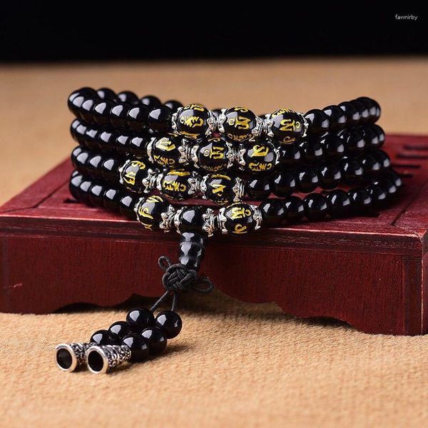 Strand Obsidian Bilezik 108 Boncuklar Budist Mücevher Om Mani Padme Hum 6mm Moda Kadınlar ve Erkekler İçin Çok Cirkli El Zinciri Aksesuar