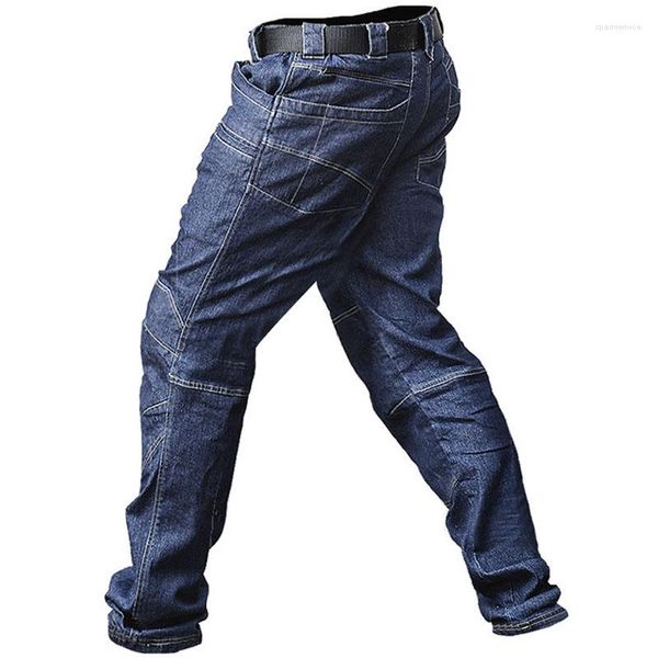 Jeans da uomo elasticizzati slim fit antigraffio tattici manica dritta pantaloni militari con cinturino multitasche casual