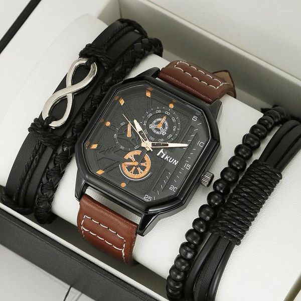 Relógios de pulso elegantes, luxuosos, relógios masculinos, quadrados, pequenos, com mostrador de três pinos, pulseira de couro, conjunto de cronômetro, caixa de presente