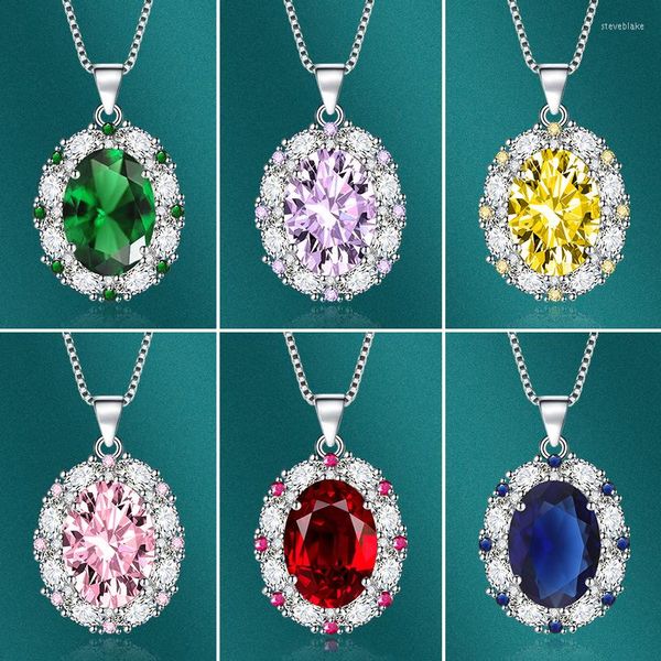 Anhänger Halsketten 2023 Luxus Gelb Lila Blau Rosa Rot Silber Farbe Oval Halskette Für Frauen Jahrestag Geschenk Schmuck Großhandel X8245