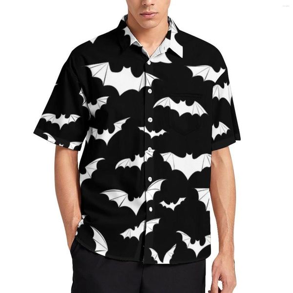 Camisas casuais masculinas, morcego branco, morcegos voadores, arte, camisa de férias, blusas havaianas inovadoras, padrão plus size