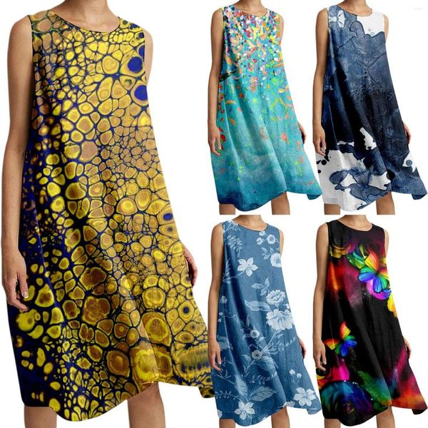 Vestidos Casuais Vestido de Verão Feminino Solto Elástico Algodão E Linho Confortável Praia Estampado Borboleta Longo