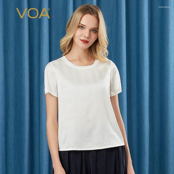Женские футболки T (продажа очистки) VOA Satin Silk White Strate O-выстрел с коротки