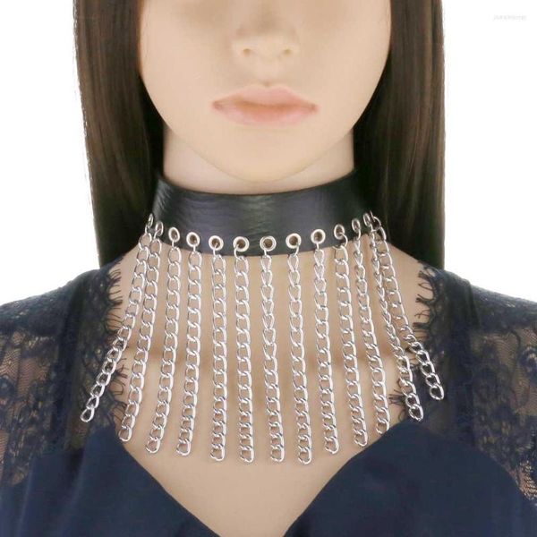 Halsband Punk Schwarz Leder Mit Ketten Kragen Für Mädchen Goth Halskette Cosplay Chocker Steampunk Rock Zubehör Schnalle Stil