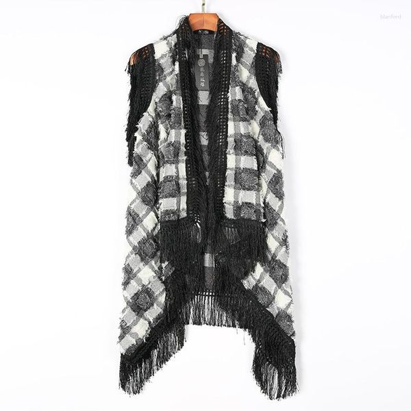 Männer Westen 2023 Plaid Quaste Hip Hop Vintage Ärmellose Strickjacke Lange Weste Männer Koreanische Mode Schwarz Weiß Mantel Straße Casual weste