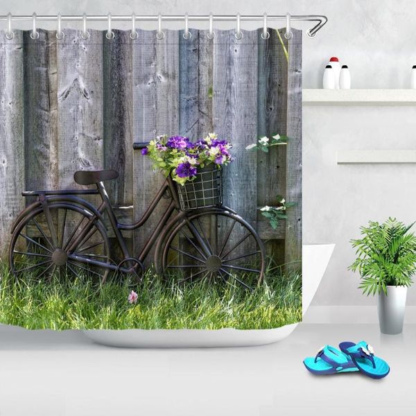 Cortinas de chuveiro rústicas tábuas de madeira vintage bicicleta cortina de banho de primavera para banheiro tecido de poliéster à prova d'água com 12 ganchos