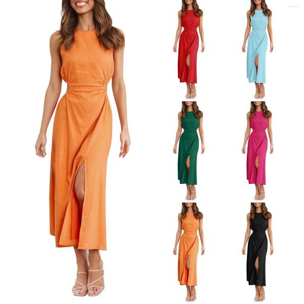 Vestidos casuais femininos sem mangas com fenda lateral com decote redondo leve vestido de verão maxi para mulheres vestidos de verão curtos