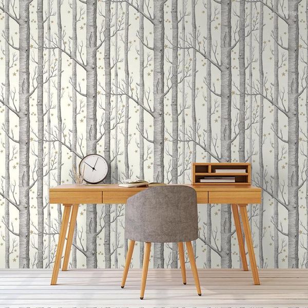 Carta da parati Bacal White Forest Betulla con stelle Carta da parati 3D Murale Powall Papeete Cuts Decorazioni per la casa in stile scandinavo