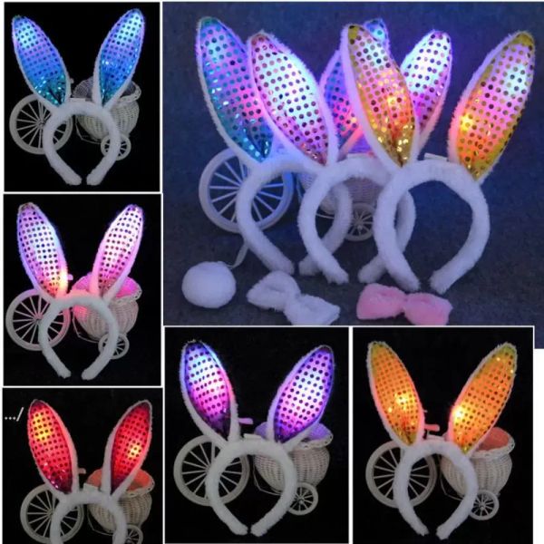 Paskalya Led Işık Yanıp Sönen Kabarık Tavşan Kulakları Parti Kafa Bandı Sequins Headdress Bunny Ears Kostüm Aksesuar Cosplay