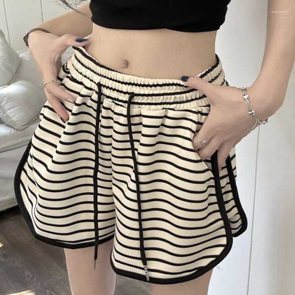 Pantaloncini da donna in bianco e nero a righe casual sport estivi larghi a vita alta sottili pantaloni a gamba larga ... da donna