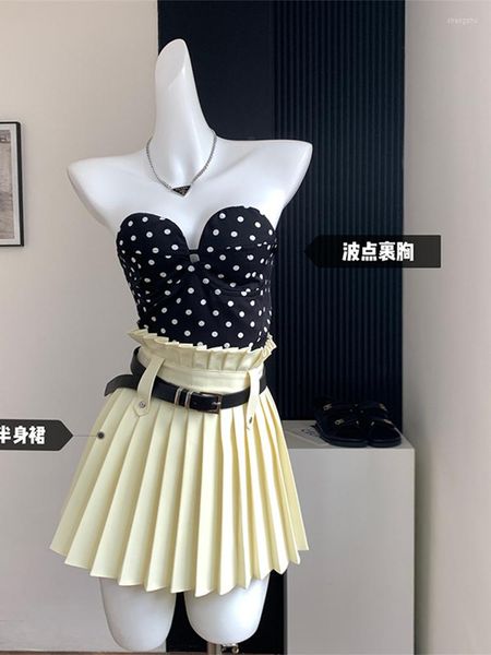 Vestidos de Trabalho 2023 Feminino Verão Streetwear Gyaru Outfits 2 Peças Cenografia Coquette Polka Dot Crop Tube Top Cintura Alta Mini Saia Plissada