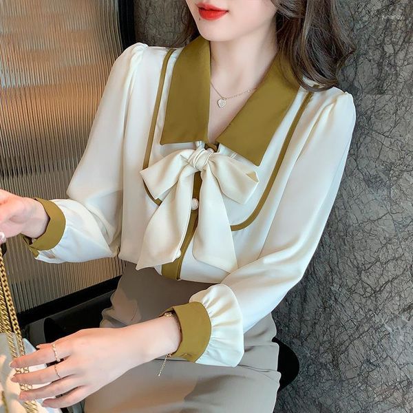 Damenblusen, koreanische Mode, ästhetisches Hemd, Frühling, Sommer, Beruf, Bürokleidung, Chiffon, langärmelig, Strickjacke, Schleife, elegante Damenbluse