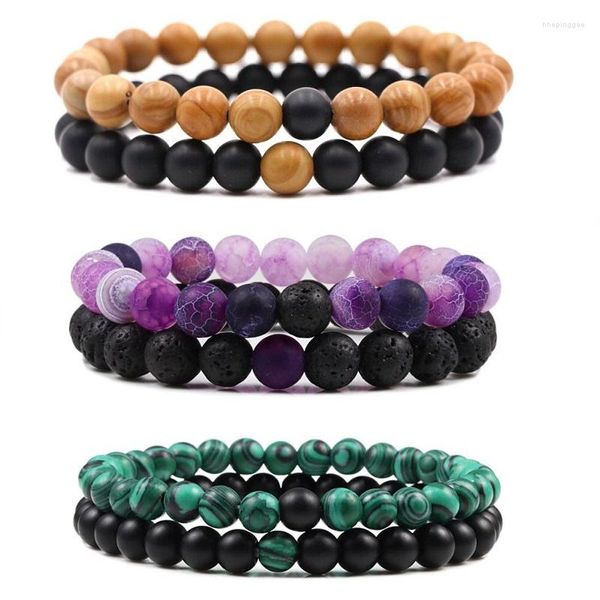 Strang 2-teiliges Perlenarmband-Set für Paare, Abstand, Schwarz, Weiß, Türkis, Naturstein, Yoga-Armbänder für Männer und Frauen, elastisches Seil, Schmuck