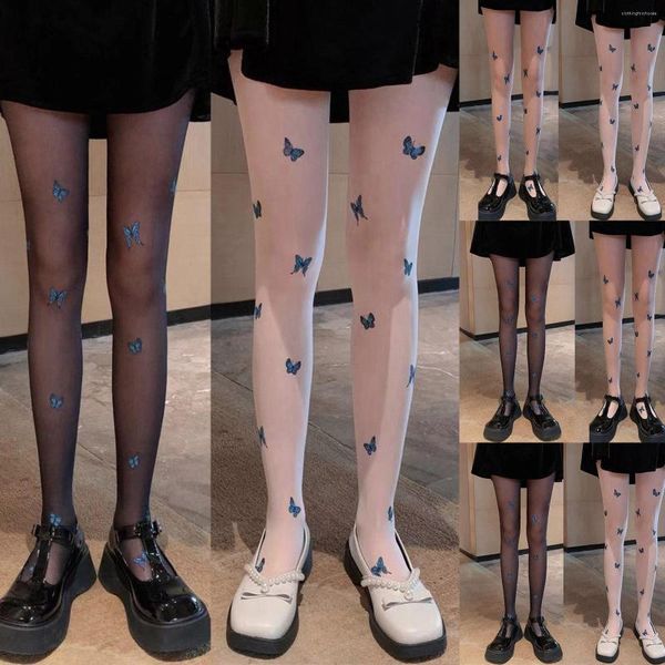 Meias femininas 2 peças meia-calça sexy com estampa ultrafina azul-borboleta meia-calça meia-calça oca