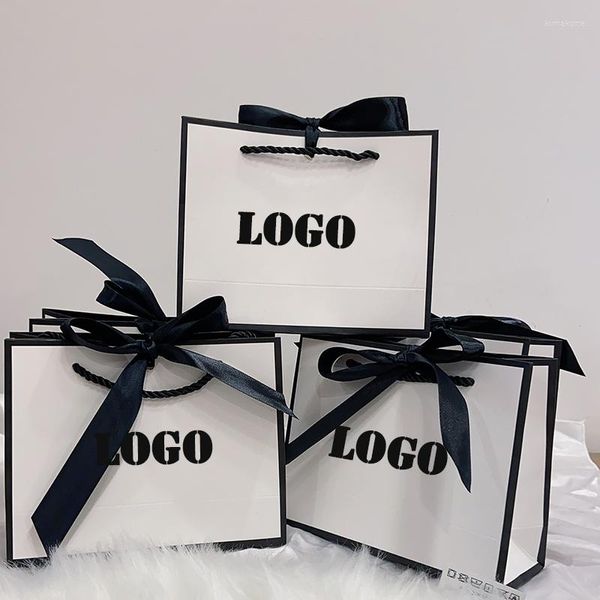 Embrulho de presente 10 peças logotipo personalizado presentes sacos de papel preto gravata borboleta pacote de casamento para joias aniversário gitfs pequenas empresas