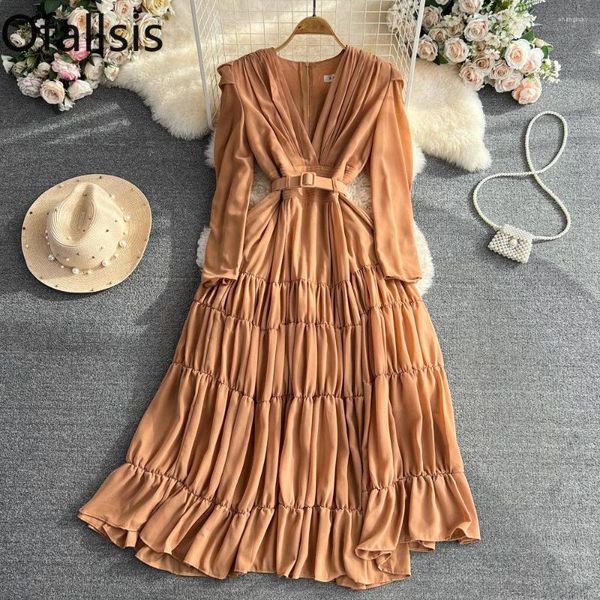 Casual Dresses Ofallsis Vintage Celebrity Style Puff Langarm V-Ausschnitt Plissee Taille Slim Kleid 2023 Sommer Elegant Große Schaukel