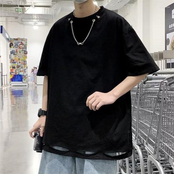 Camisetas masculinas Colar de verão combinado com camiseta de manga curta para homens Buracos no hip-hop Moda coreana Solta e tendência versátil Top
