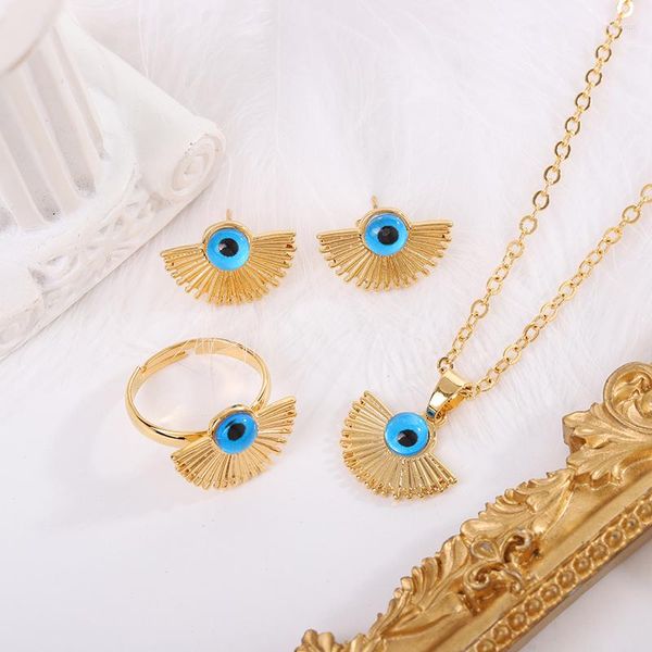 Halskette Ohrringe Set MANDI 2023 Vergoldung Ring Sets Evil's Eye Halbkreis Fächerförmiger Partyschmuck für Frauen