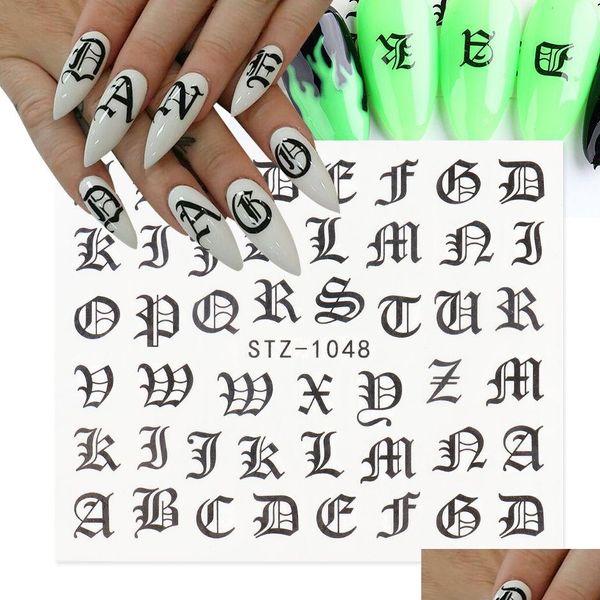 Adesivi Decalcomanie Abc Lettera Nail Art Inglese Vecchio Font Numero Nero Tatuaggio Unghie Design Water Sliders Manicure Wraps Chstz1046-1049 Dhptb