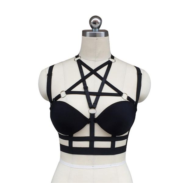 donne nere Harness cage bra Gothic Harajuku lingerie sexy Cage Back complesso Giarrettiere cintura Pentagram body harness Cage bra3230