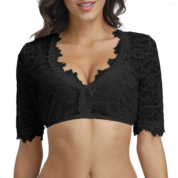 Damenblusen Damen 1 Stück Bügel Dessous Spitzenweste Elegante Dirndlbluse Schwarz für das Oktoberfest