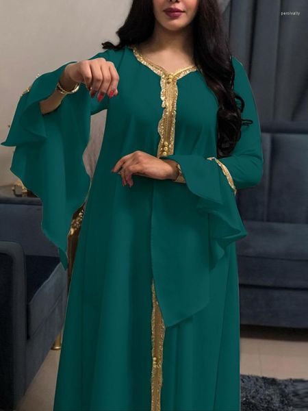 Ethnische Kleidung, Abaya-Partykleid mit Rüschenärmeln, besticktes goldenes Spitzenkleid für muslimische Frauen