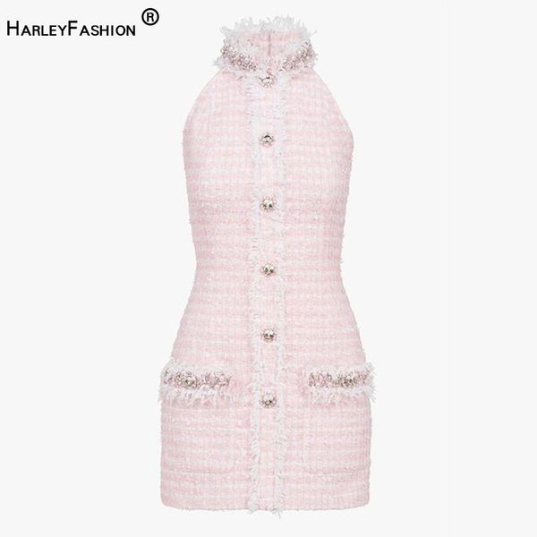 Pantaloni da donna Harleyfashion Rhinestone Tweed rosa Disterne Diassel Diamonds Bottons Lady Bodycon Mini Abites