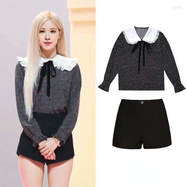 Fatos de Treino Feminino Kpop Korea Celebrity ROSE Summer Streetwear Sweet Camisa de Manga Comprida Blusas Tops Preto Slim Shorts Cintura Alta Mulheres 2