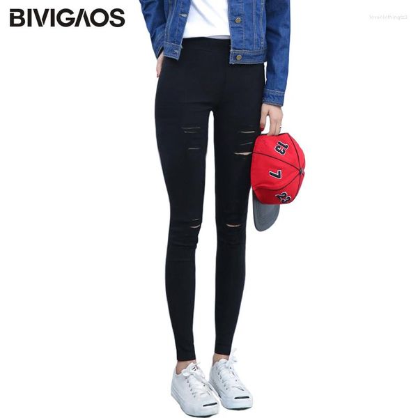 Calça Feminina BIVIGAOS Feminina Rasgado Lápis Elástico Tecido Muitos Buracos Casual Cor Sólida Legging Preta Legging Fina Feminina