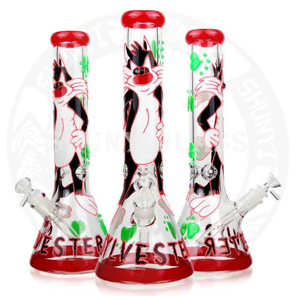 14'' Glasbong Dab Rig Rauch Wasserpfeife Shisha Bohrinseln Recycler berauschender Becher dicke Rauchpfeifen Coole Bongs Tom und Jerry leuchten im Dunkeln 14,4 mm Kopf