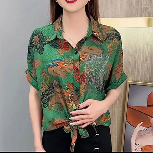 Blusas femininas vintage estampadas manga raglã diamantes laço bandagem camisa roupas 2023 verão superdimensionado blusa casual commuter