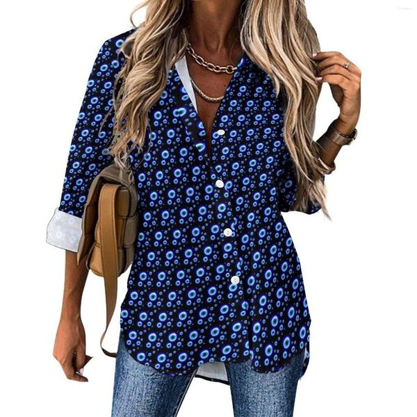 Blusas Femininas Evil Eye Talismã Blusa Casual Manga Comprida Amuleto Árabe Moda Grega Camisas Grandes Design Top Presente de Aniversário