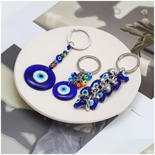 Chaveiros Azul Turco Olho Maligno Anel Amuletos Pingentes Artesanato Chaveiro De Vidro Com Chaveiro Ornamento Pendurado Acessórios Jóias Amet Dhonm