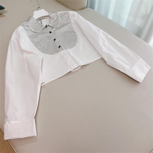 Blusas femininas design camisa com lapela diamante curta branca blusa feminina elegante