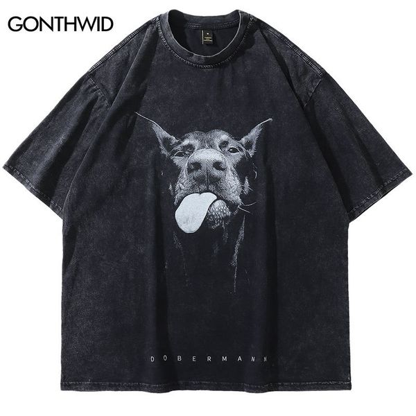 T-shirt da uomo T-shirt oversize vintage Y2K Hip Hop Dobermann Dog Animal Graphic Print Washed Streetwear Tshirt Harajuku Fashion Top allentato 230706