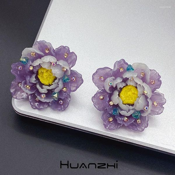 Orecchini a bottone Viola Rosa Fiore acrilico Zircone colorato Per donna Ragazza Vintage Trendy Daily Party Jewelry Gift HUANZHI 2023