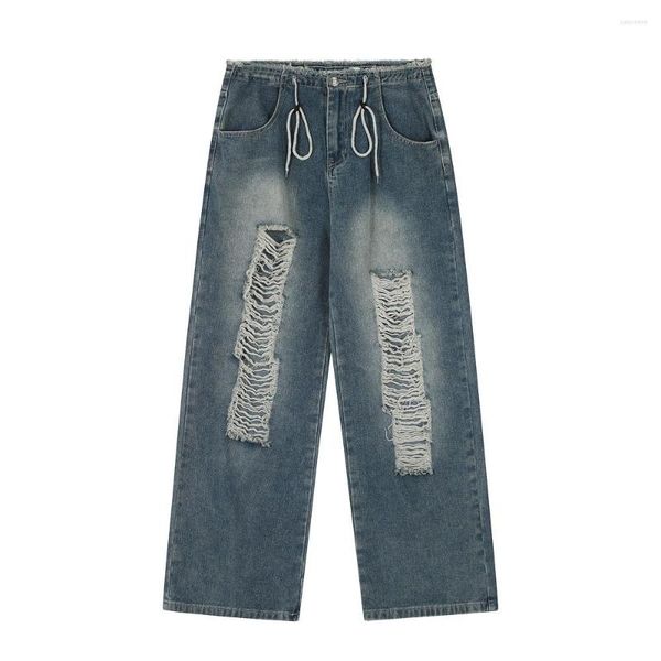 Herrenjeans High Street European Hole Loose Man Washed Bleached Retro Straight In voller Länge Casual Denim Wide Leg Pants Four Seasons