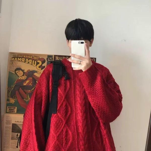 Suéteres masculinos Red Animal Year Twist Sweater Masculino Inverno Pesado Grosso Lazy Wind Oversize Casais Bottoming