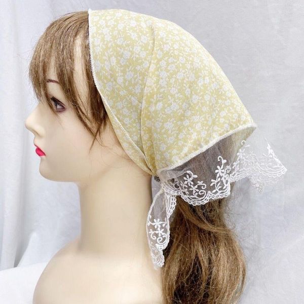 Шарфы богемия цветочный треугольный шарф для женщин девочки кружевные принт тубан повязка на голову пляжные аксессуары для волос мусульманские бандана головные уборы