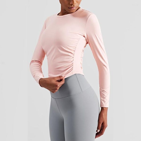 Camicie attive Abbigliamento da yoga per donna Camicia slim design pieghettato in nylon Manica lunga Top da palestra Sport T-shirt da allenamento ad alta elasticità