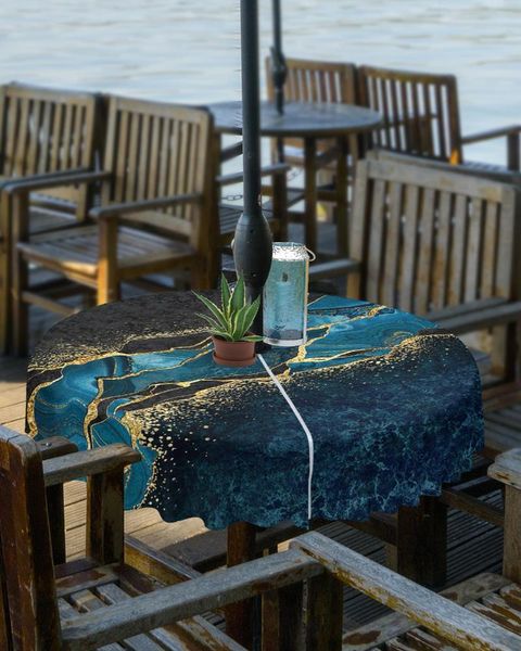 Tovaglia Astratta Tovaglia da esterno in malachite blu marmo nero con foro per ombrello Copertura rotonda da picnic impermeabile con cerniera