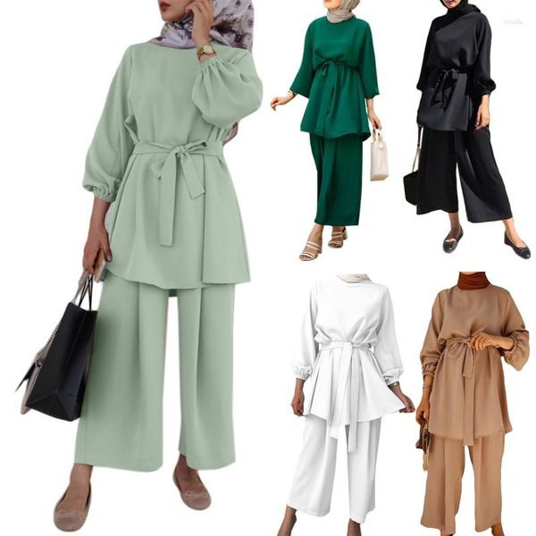 Conjunto de roupas étnicas femininas muçulmanas verão 2 peças manga comprida túnica com cinto tops perna larga calças soltas cor sólida dubai kaftan hijab