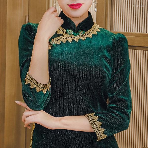 Sıradan Elbiseler Simeizi Çin tarzı Geliştirilmiş Yeşil Resmi Elbise Kadınlar için 2023 İlkbahar ve Sonbahar Velvet Vintage Cheongsam Düğün