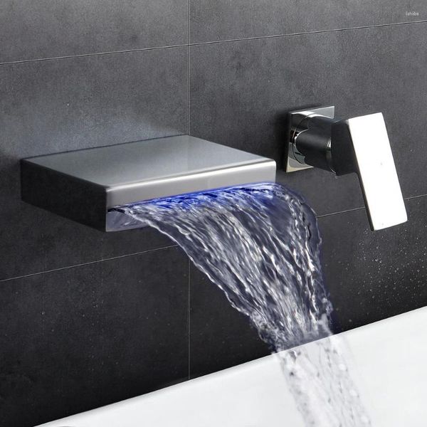 Badezimmer-Waschtischarmaturen, wandmontierter Wasserfall-LED-Wasserhahn, komplett aus Messing, Kaltwasser-Waschtischmischer, Kupfer, Einzelgriff, Doppelsteuerung