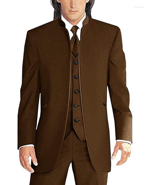 Ternos masculinos padrinhos de marca marrom smoking lapela mandarim homem casamento blazer (jaqueta calça colete gravata) C468