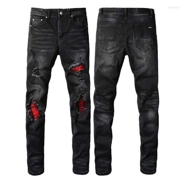 Jeans Masculino Preto Slim Fit Rasgado Streetwear Hip Hop Red Patch Desfiado Elástico Furo Masculino