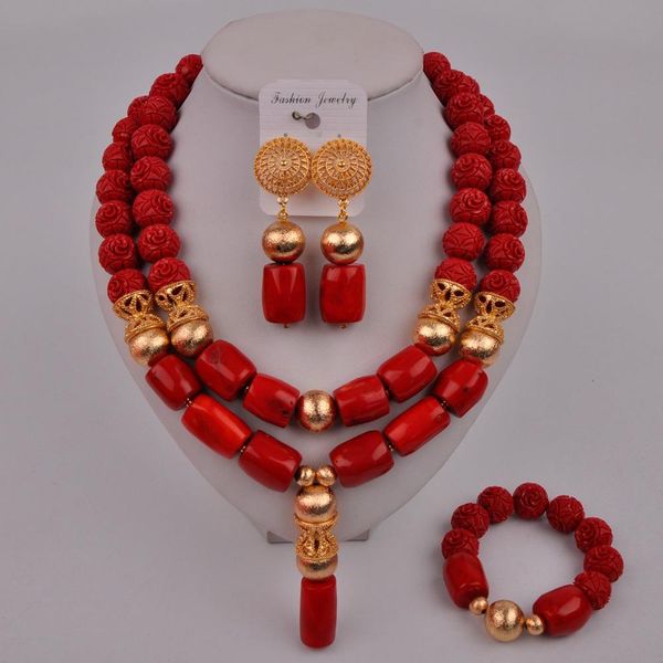 Hosen Red Coral Halskette Afrikanische Perlen Schmuck Set Nigerianische Hochzeitskoral Set Brautschmucksets für Frauen 204c3